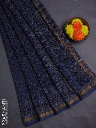 Navy Blue Maheshwari Silk Cotton Saree - Ajrakh Prints