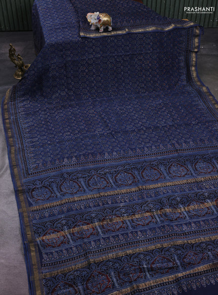 Navy Blue Maheshwari Silk Cotton Saree - Ajrakh Prints