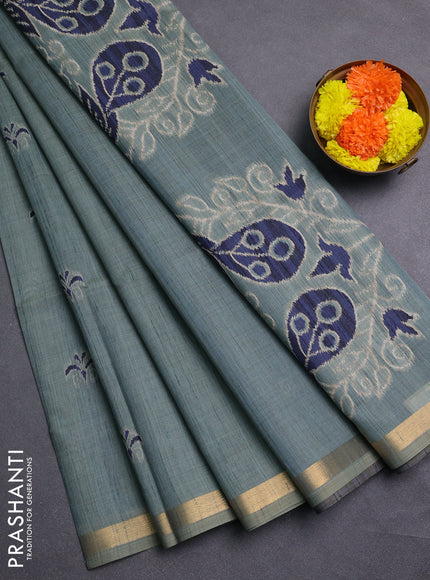 Pastel Green & Navy Blue Jamdani Cotton Saree