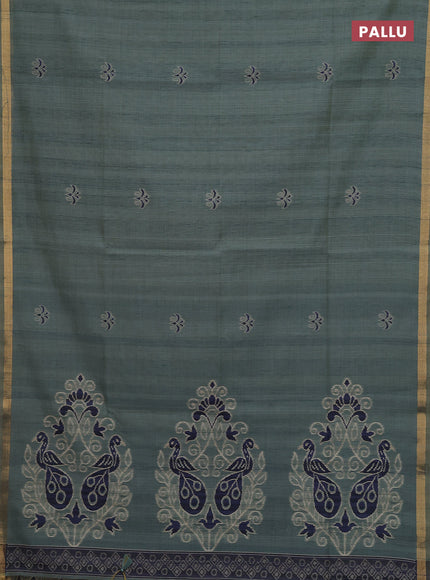 Pastel Green & Navy Blue Jamdani Cotton Saree