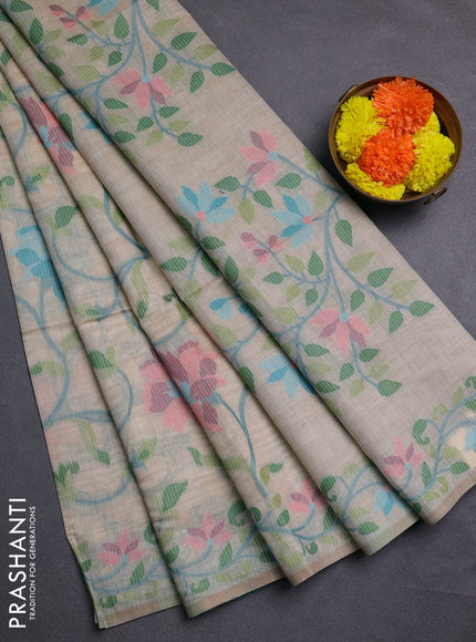 Beige & Teal Blue Jamdani Cotton Saree