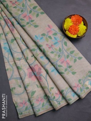 Beige & Teal Blue Jamdani Cotton Saree
