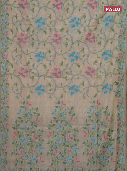 Beige & Teal Blue Jamdani Cotton Saree