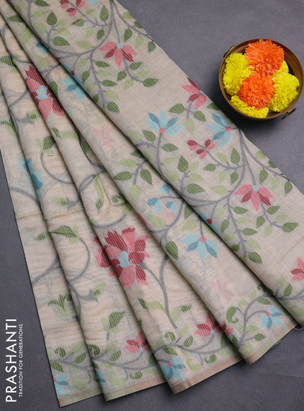Beige & Teal Blue Jamdani Cotton Saree