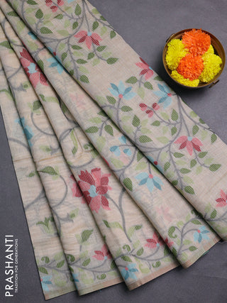 Beige & Teal Blue Jamdani Cotton Saree