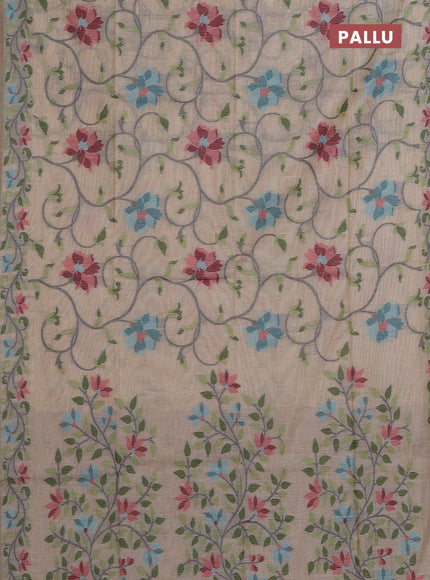 Beige & Teal Blue Jamdani Cotton Saree
