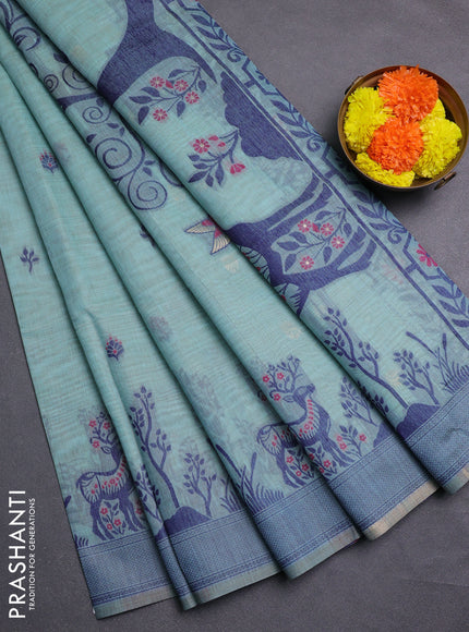 Teal Green & Navy Blue Jamdani Cotton Saree