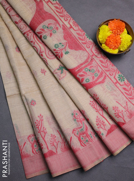 Beige & Red Jamdani Cotton Saree