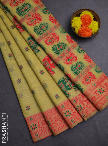 Mustard Yellow & Red Jamdani Cotton Saree