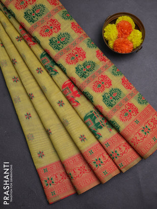 Mustard Yellow & Red Jamdani Cotton Saree