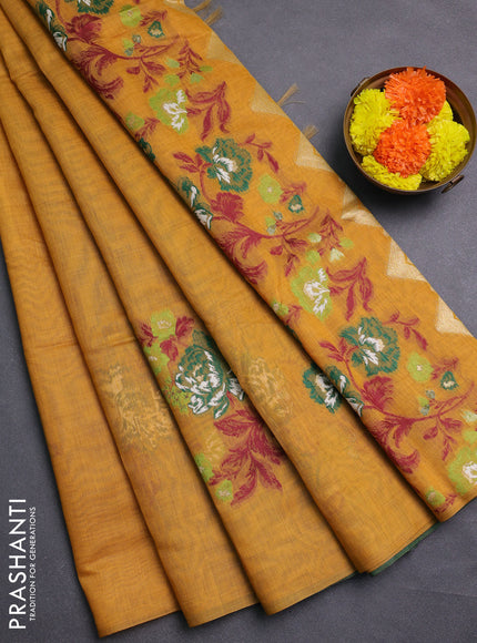 Mustard Yellow & Green Jamdani Cotton Saree