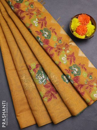 Mustard Yellow & Green Jamdani Cotton Saree