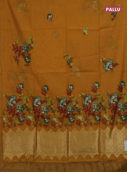 Mustard Yellow & Green Jamdani Cotton Saree