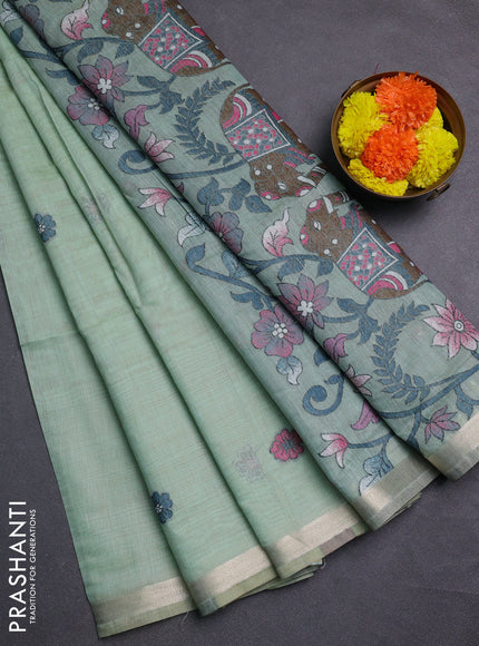 Pastel Green & Peacock Blue Jamdani Cotton Saree
