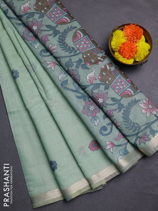 Pastel Green & Peacock Blue Jamdani Cotton Saree