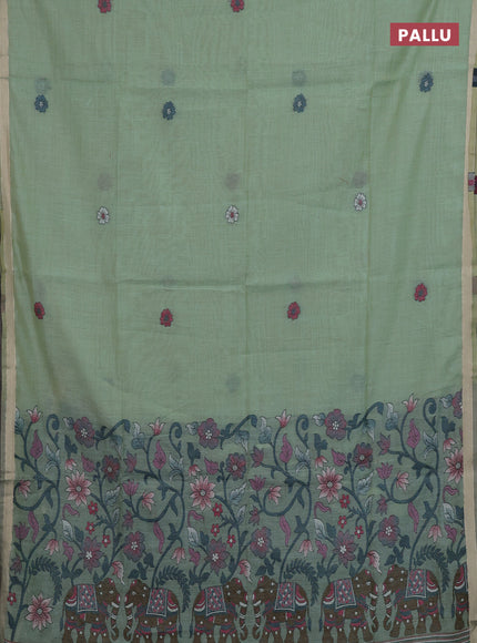 Pastel Green & Peacock Blue Jamdani Cotton Saree