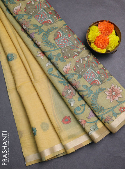 Mustard Yellow & Green Jamdani Cotton Saree