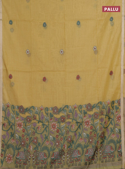 Mustard Yellow & Green Jamdani Cotton Saree