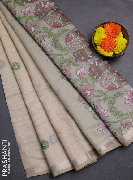 Beige & Green Jamdani Cotton Saree