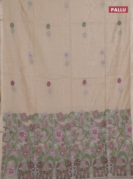 Beige & Green Jamdani Cotton Saree
