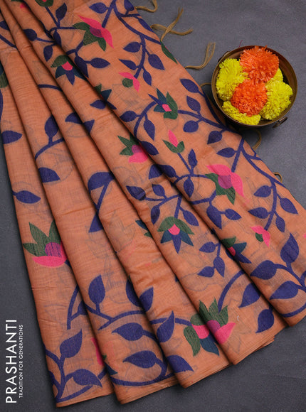 Peach & Navy Blue Jamdani Cotton Saree