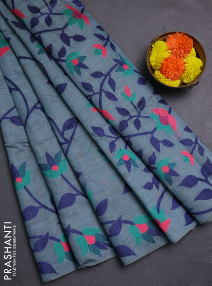 Pastel Blue & Navy Blue Jamdani Cotton Saree