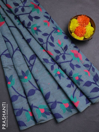 Pastel Blue & Navy Blue Jamdani Cotton Saree