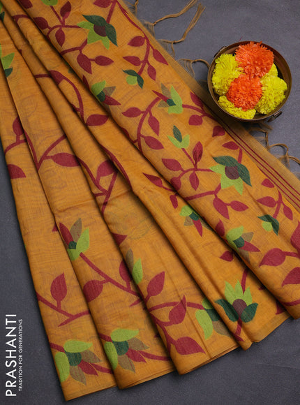 Mustard Yellow & Maroon Jamdani Cotton Saree