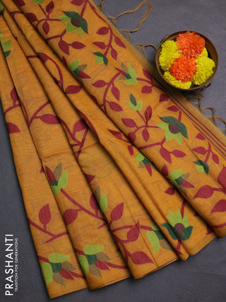 Mustard Yellow & Maroon Jamdani Cotton Saree