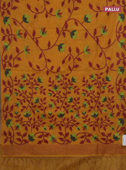 Mustard Yellow & Maroon Jamdani Cotton Saree