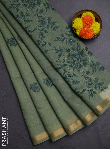 Pista Green & Bottle Green Jamdani Cotton Saree