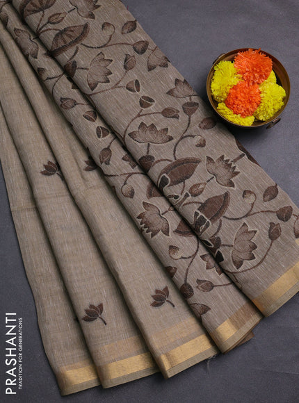 Beige & Coffee Brown Jamdani Cotton Saree