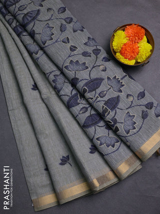 Grey & Navy Blue Jamdani Cotton Saree