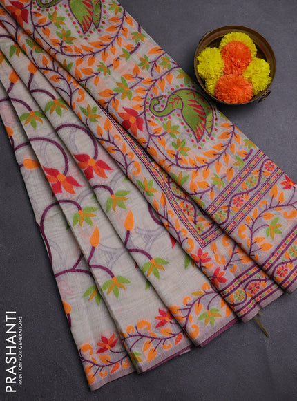 Off White & Orange Jamdani Cotton Saree