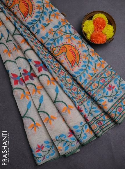 Off White & Teal Blue Jamdani Cotton Saree