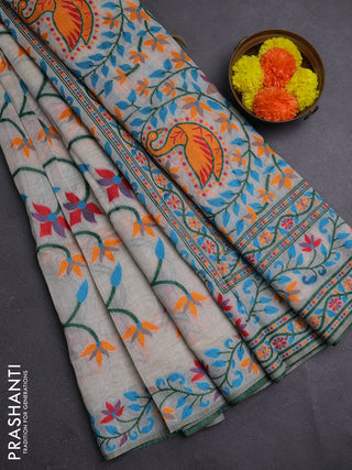 Off White & Teal Blue Jamdani Cotton Saree
