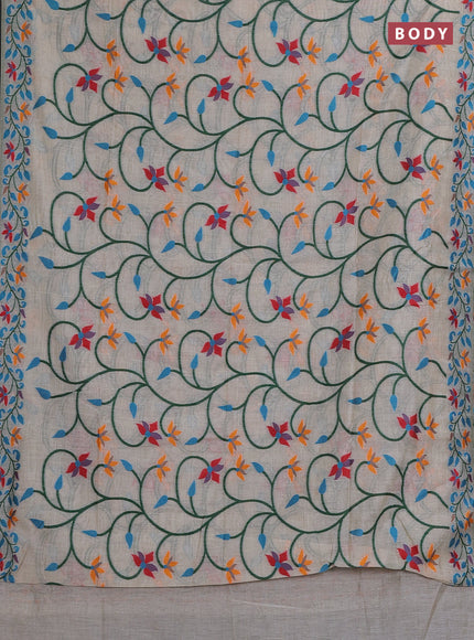 Off White & Teal Blue Jamdani Cotton Saree