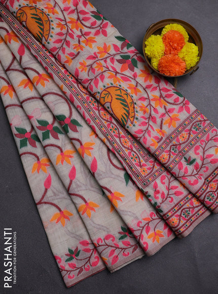 Off White & Candy Pink Jamdani Cotton Saree