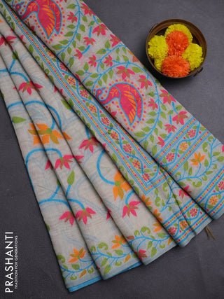 Off White & Green Jamdani Cotton Saree