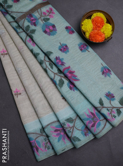 Beige & Teal Green Jamdani Cotton Saree