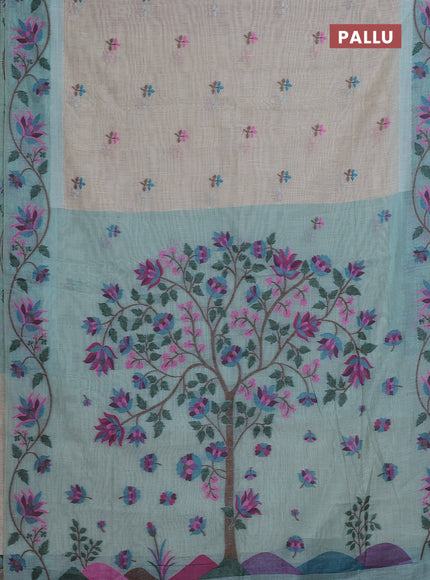 Beige & Teal Green Jamdani Cotton Saree
