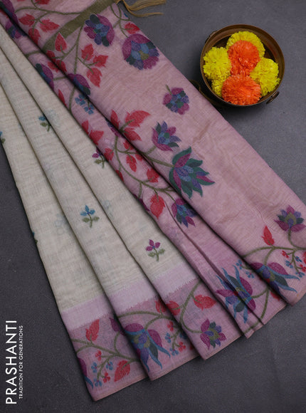 Beige & Mauve Pink Jamdani Cotton Saree
