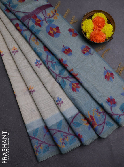 Beige & Pastel Blue Jamdani Cotton Saree