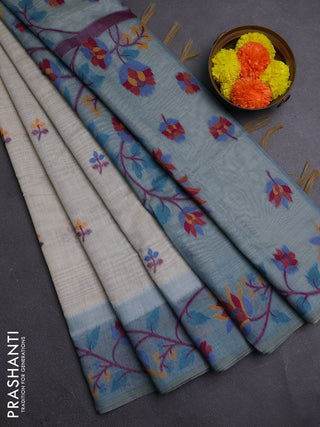Beige & Pastel Blue Jamdani Cotton Saree