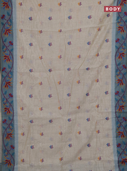 Beige & Pastel Blue Jamdani Cotton Saree