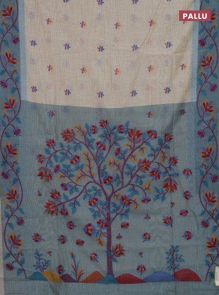 Beige & Pastel Blue Jamdani Cotton Saree