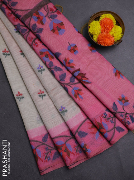 Beige & Pink Jamdani Cotton Saree