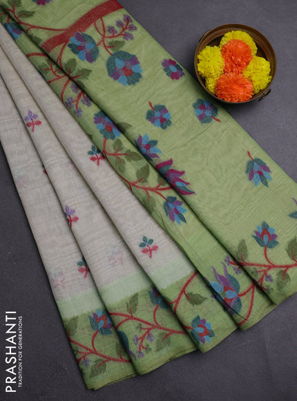 Beige & Green Jamdani Cotton Saree