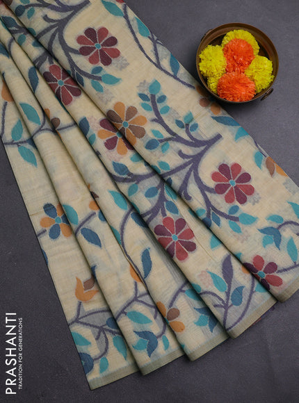 Cream & Navy Blue Jamdani Cotton Saree