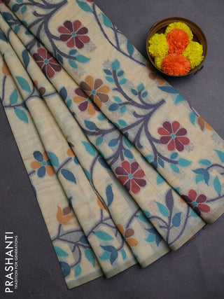 Cream & Navy Blue Jamdani Cotton Saree